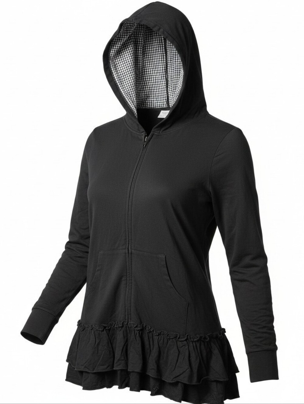 EVY’S TREE Black Gingham Hood Ruffle Hem Full Zip Cottagecore Jacket | L